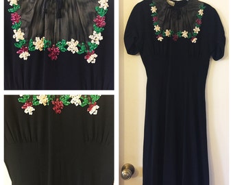 Original Vintage 1940's Crepe Sequin Dress with Mesh Illusion Neckline, 40's Cocktail Dress, Vintage WWII Dress, 40's Swing Dress, Size: S