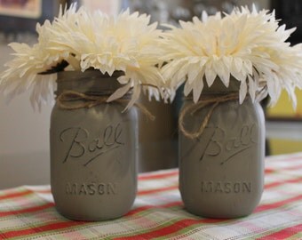 Mason Jars, Ball Mason Jars, Set of Two, Hand Painted Home Decor, Trellis Grey, Pint Size