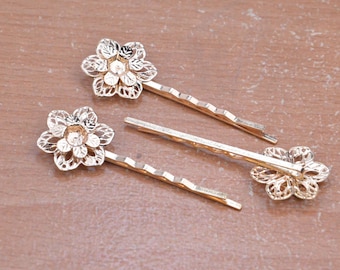 10pcs 60mm (2.4") gold hair clips,Gold bobby pins with two layer filigree flower,jewelry clips.