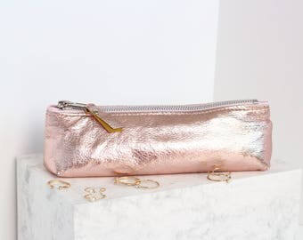 Rose Gold Leather Makeup Brush Bag // Metallic Leather Bag // School Zipper Pouch // Makeup Bag Leather // Pencil Pouch // Pencil Case