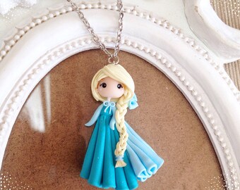 Elsa Necklace ~ Kawaii Cute Disney Princess Fimo Polymer Clay Necklace Frozen Ice Doll Handmade Heavenly Bow Braid Hair Jewelry