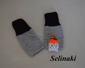 Knit Basketball Fingerless Gloves Gray Sports Mittens
