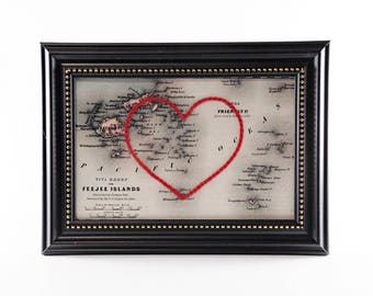 Fiji Islands Hand Embroidered Heart Map, Fiji Map Art, Paper, Cotton Anniversary, Wedding, Graduation Gift, Travel Map, Love, Engagement