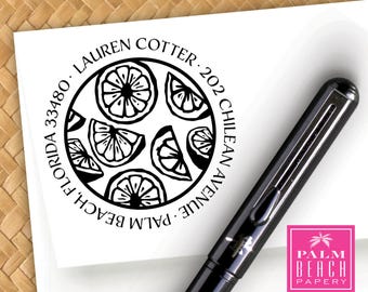 Citrus Twist Pre Inked Round Stamp - Lemon Lime Orange Pattern - Personalized Return Address Stamper - Black Self Inking Custom Stamp