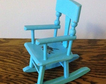 Vintage Doll Chair, Hand-Crafted, Hand Painted, Wooden Rocker, Turquoise Blue Doll Rocker with Bird Motif