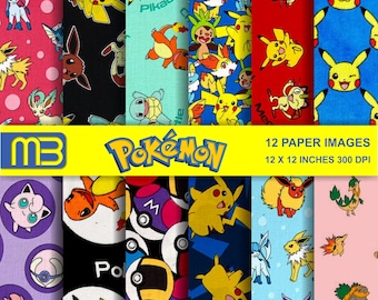 Pokemon backgrounds digital paper pack - printable papers - Instant download - 12x12 inches papers - for home printing - DIY