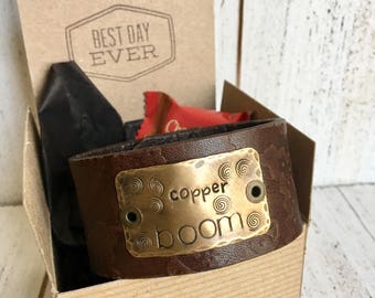 Brown or Black Leather Cuff Bracelet, 'Copper Boom' 'In Omnia Paratus' 'Oy with the Poodles Already' Gilmore Girls, Bronze, adjustable, wome