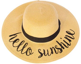 Floppy Beach Hat - Hello Sunshine - Embroidered Large Brim Sun Hat - Floppy Hat - Vacation - Summer - Boat Hat - Beach Sun Hat