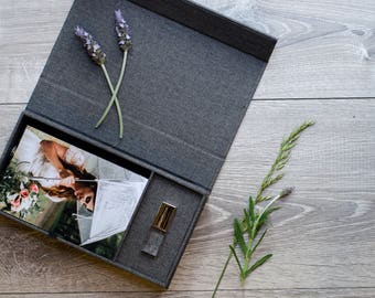 Charcoal Linen Photo Box with Crystal Glass USB Flash Drive