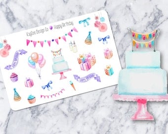 Happy Birthday Deco / Watercolor / Celebration / Tracking / Planner Stickers / Erin Condren / Kikki K / FiloFax / Mambi / Scrapbook