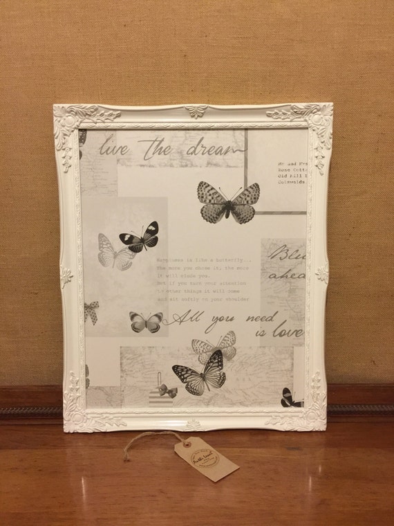 Ornate Butterfly Magnet Board - WHITE Framed Message Board / Kitchen Memo Board / Decorative Vintage Style Magnet Board - FREE GEM Magnet
