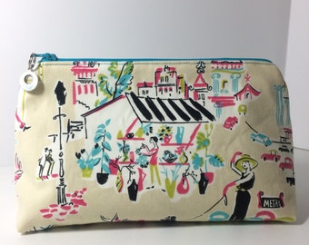 Paris Street Scene Makeup Bag with Charm Accent//Large and Sturdy Cosmetics Bag with a Parisian Motif and Teal Zipper