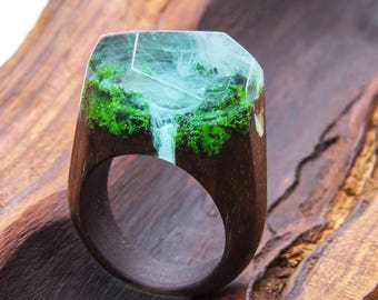 Waterfall-wooden resin ring. Eco epoxy jewelry. Green Wood - the secret of the magical world in a tiny landscape in every decoration.