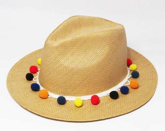 Fiesta Multi Color Pom Pom Trim Tan Straw Fedora Hat