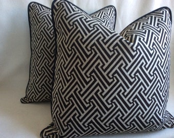 Two Graphic Designer Pillow Covers - Black/ Beige Woven Labyrinth Design with Contrasting Piping - 20x20 Covers