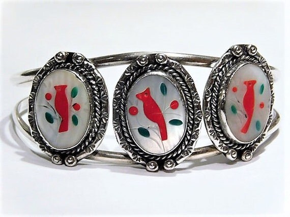 Zuni Bird Cuff Native American Vintage Mother of Pearl Red Coral Inlay Bird Cardinal Green Turquoise Sterling Silver Native American Cuff
