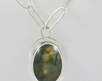 Labradorite Pendant on Hammered Sterling Link Chain