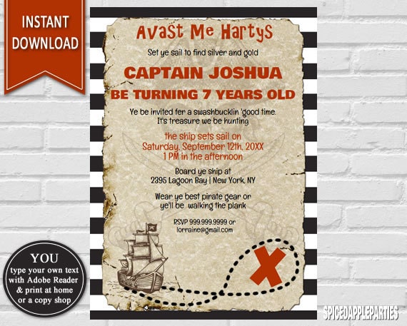 Pirate Birthday, Pirate Invitation, Pirate Party, Birthday Invitation, Pirate Invite, Boy birthday, Pirate Party Invite, Pirate Ship, Il_570xn