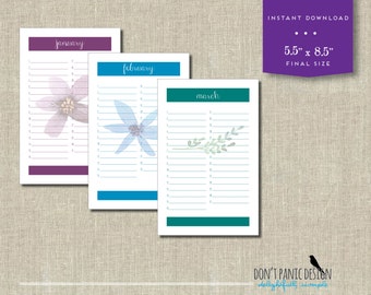Printable Floral Calendar - Birthday Calendar - Anniversary Calendar - Eternal Planner - Instant Download PDF