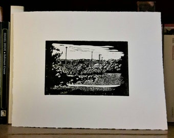 Riverdale Park Toronto lino print, Toronto park print, handcarved lino of Bloor viaduct, handprinted Toronto bridge, Broadview scene