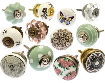 Mixed Set of 12 Hand Painted Shabby Chic Ceramic and Glass Cupboard Drawer Knobs (Etsy 01)