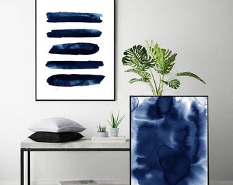 Set of 2 Abstract Watercolor Prints Blue Paintings Indigo Blue Navy Wall art Stripes Minimalist Minimal Watercolor Large Abstract Modern art