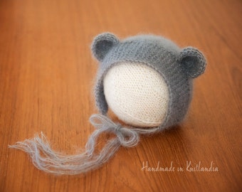 Baby Hat with Ears, Newborn Hat, Sitter Hat, Mohair Bear Bonnet Photo Prop