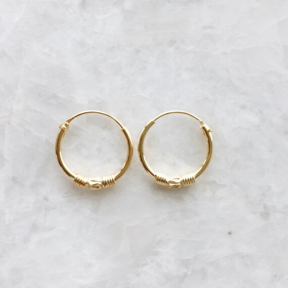 Gold plated 14mm ear hoops Tiny gold balinese hoop earrings