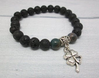 Boho jewelry Charm bracelet Healing bracelet Good luck jewelry Irish gifts Irish jewelry Leaf bracelet Clover jewelry Lava bracelet Nature