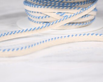 5 m of 6mm, cotton tape, broken and blue, white (4585)
