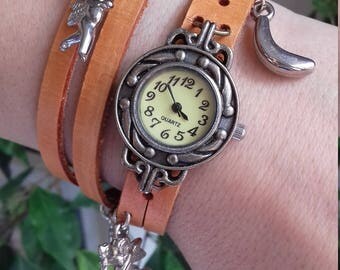 Leather wrap watch with charms,Women's leather watch.