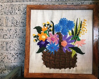 Vintage Framed Crewel Floral Embroidery Wall Art 1970s