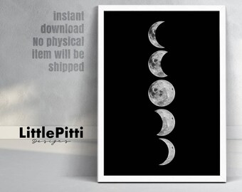 Moon phases print, moon phases wall art, phases of the moon, moon prints, moon wall art, lunar phases, astronomy print, moon phase poster