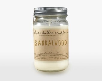 Sandalwood Scented Candle 16oz, Mason Jar Candles, Handmade Scented Candles, Wood Aroma Candle, men gift, relaxing, oak scented, Soy Candles