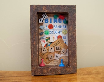 Assemblage Art - Altered Book Art - Vintage - Game Pieces