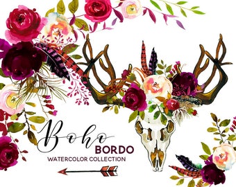 Boho Bordo Watercolor Clipart Burgundy White Red Flowers Deer Scull Horns Antlers Wedding Clipart Floral Bouquets Wreaths Sprays PNG flowers