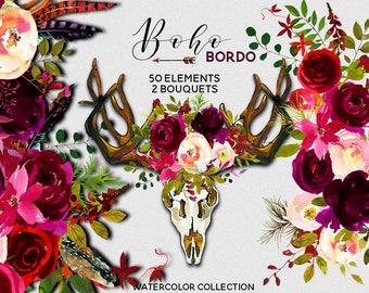 Boho Bordo Watercolor Clipart Burgundy White Red Flowers Feathers Deer Scull Horns Antlers Wedding Clipart Floral Bouquets Sprays PNG