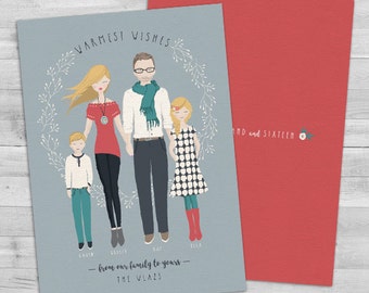 Custom Family Portrait Christmas Cards, Family Portrait Illustration Christmas Card Custom Illustrated Family Portrait Photo Christmas Cards