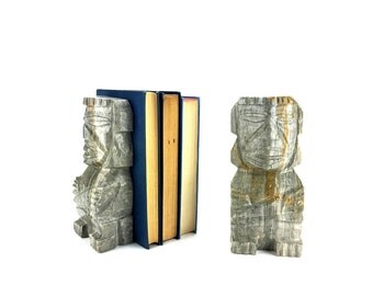 Onyx Bookends - Vintage || Carved Aztec Bookends | Rock Bookends | Agate Bookends | Aztec Statue | Mexican Bookends | Decorative Statues