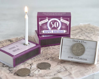 Happy 50th Birthday Greeting In A Matchbox - 50th Birthday Gift - 50th Birthday Card - Sixpence - Birthday Candle