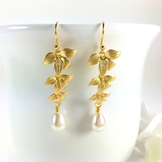 Pearl Drop Gold Flower Earrings Cascading Flower by BlingNiks