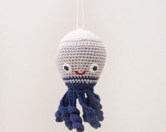 Crochet baby rattle Octopus, car seat toy, nautical hanging toy, baby gym toy, crib toy, under the sea, ocean play gym toy, newborn gift