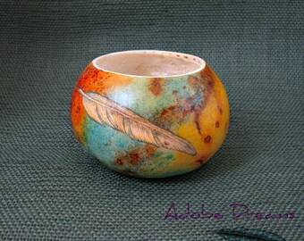 Gourd Container. Gourd Art. Mixed Media Unusual Gourd Art Handpainted Gourd. Gourd with Feather. Unique Gourd Great Gift Item for Him or Her
