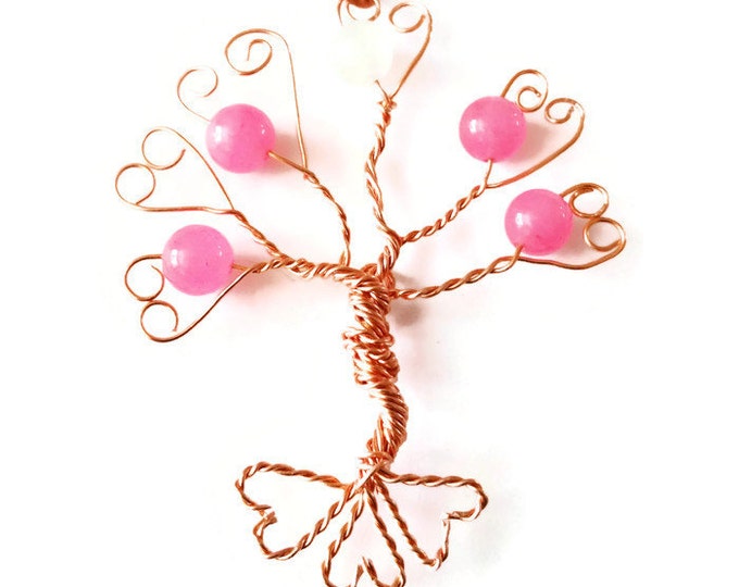 Pink Candy Jade and Copper Floating Tree of Life Pendant Necklace. Valentine's Day Heart Tree of Life Necklace. Pink Heart Pendant.