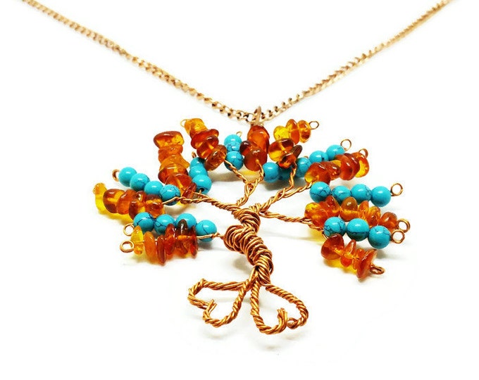 Baltic Amber and Turquoise Copper Floating Tree of Life Pendant Necklace, Metaphysical Jewelry, Chakra Necklace, December Birthstone, N011