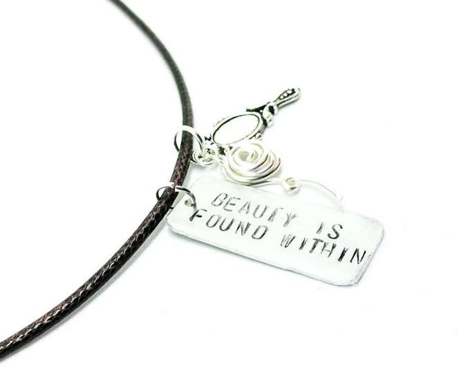 Beauty is Found Within Hand Stamped Charm Necklace, Beauty and the Beast Jewelry, Silver Rose Necklace, Unique Birthday Gift, N014