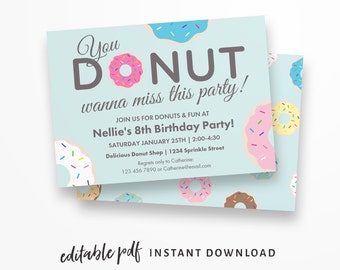 Mint Donut Birthday Invitations, Editable PDF Instant Download. Donut themed birthday party invitation with a colorful donuts!