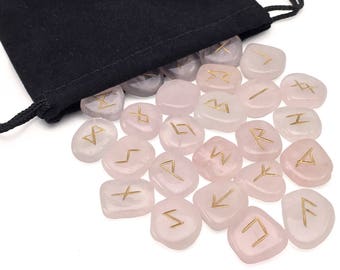 Pink Rose Quartz Elder Futhark Rune Set Hand Carved Gemstone Runic