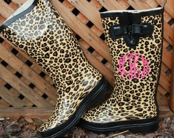 Monogrammed - Leopard Cheetah Rubber Rain Boots