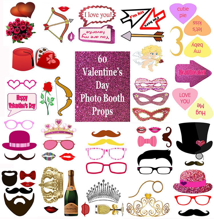 Valentine's Day Photo Booth Props Set Glitter Printable